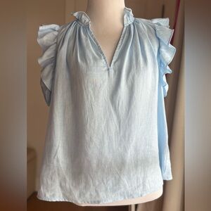 Sky Blue 100% linen Ruffled Blouse size Large EUC